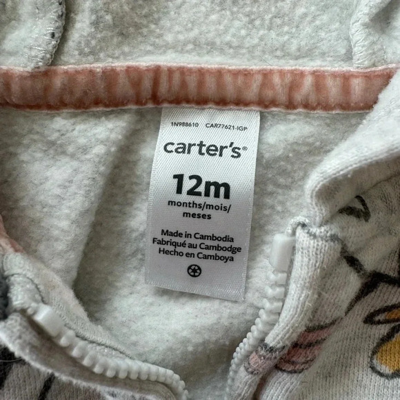 Carters light gray unicorn animal print zip up hooded sweatshirt size 12 months - Picture 5 of 6